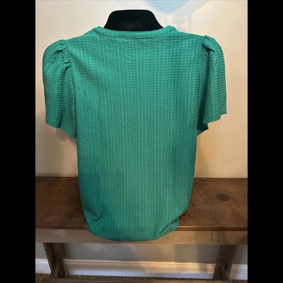 Loft XL Christmas Green Short Sleeve Blouse- NWT- V-neck W Covered buttons - Picture 5 of 7